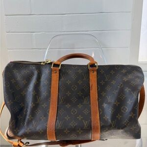 Louis Vuitton Brown Monogram Canvas Travel Duffel with Tan Leather Trim